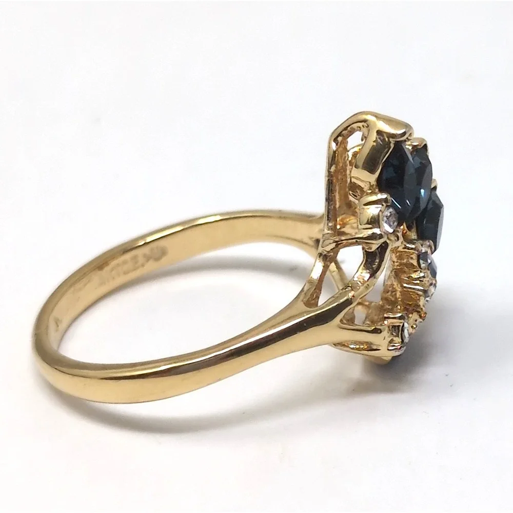 14K Gold Electroplate Dark Blue Marquise Sapphire Color Cluster Ring Sz 8.5-8.75